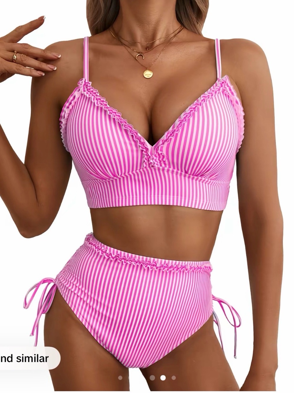 Pink Striped Ruffle-Trim High Waist Bikini Set
